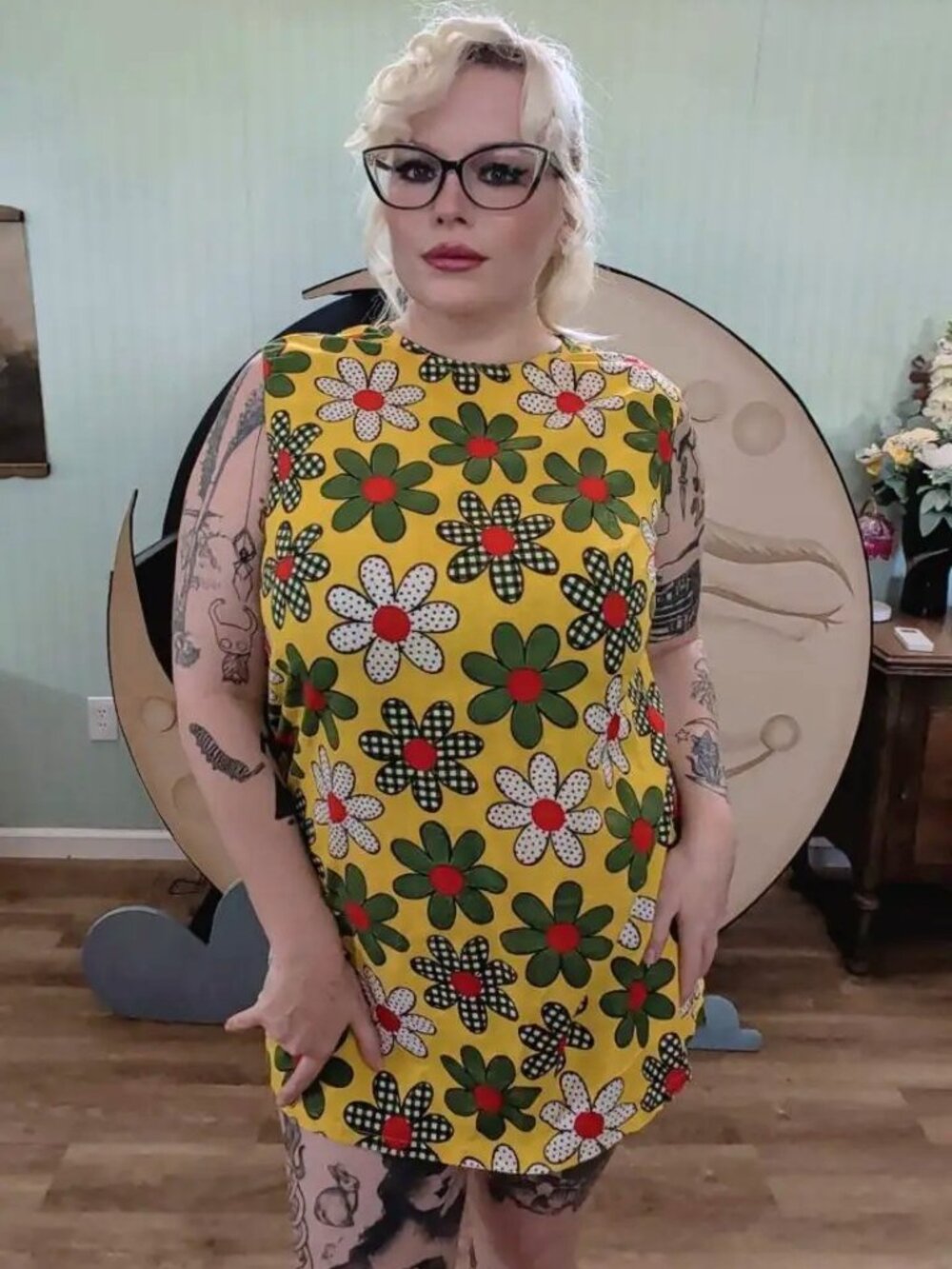 Vintage 1960's Mod Mini Dress, Bright Yellow with Bold Mixed Pattern Florals